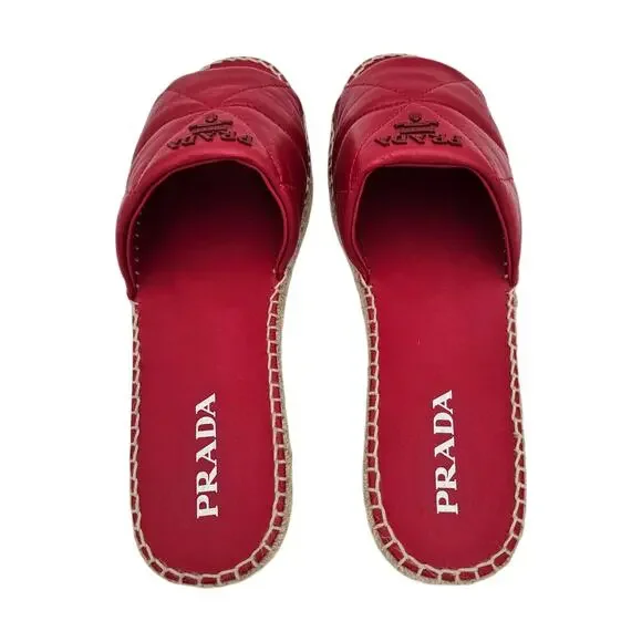 Prada Logo Flat Slide Espadrille Sandal Quilted Red Leather Size 41 US 11 - Picture 4 of 10